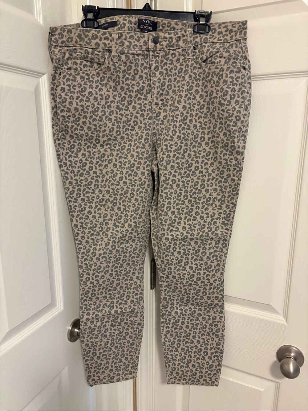 NYDJ Beige and Gray Leopard Print Slim Ankle Pants